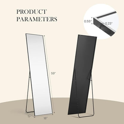 NEWBULIG Mirror Full Length, 16"x59" Body Wall Mirrors with Shatter-Proof Glass, Upgraded Floor Standing Mirror, Hanging or Leaning, with Stand Aluminum Alloy Frame for Home Decor, Bedroom, Black | Hanging or Leaning, Shatter-Proof Glass, Aluminum Allo...