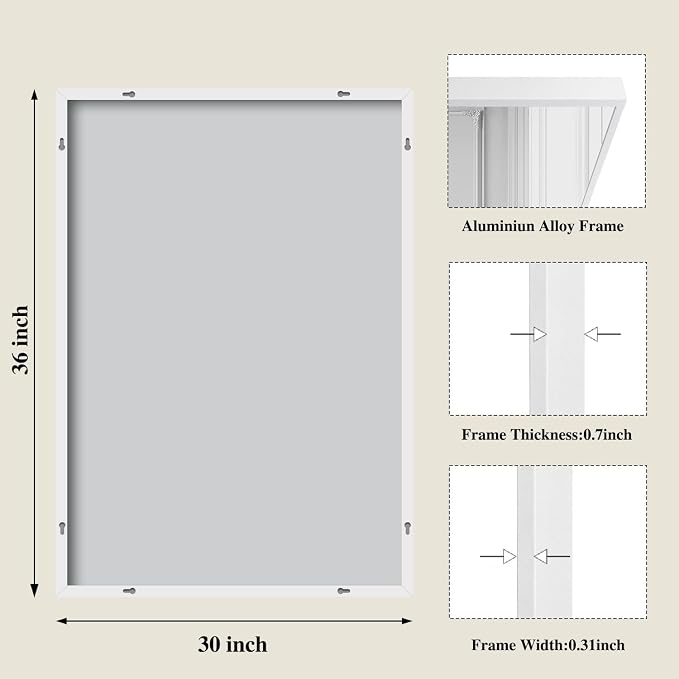 Koonmi White Rectangle Wall Mirror, 30x36 Inch Bathroom Mirror, Aluminum Frame Vanity Mirror for Entryway, Living Room, Bedroom Bathroom, Hangs Horizontally or Vertically