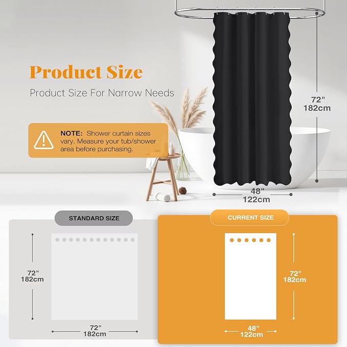 BTTN 48x72 Boho Scalloped Linen Textured Cloth Shower Curtain Set, Black | Stall Size, 230GSM Waterproof Polyester, Heavy Duty Fabric, 8 Plastic Hooks, Elegant Modern Farmhouse Style, Machine Washable
