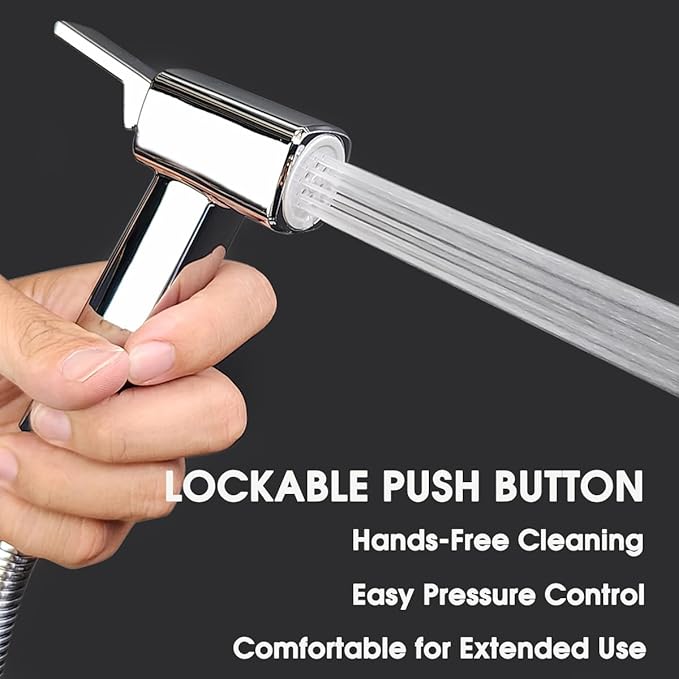 Handheld Bidet Sprayer for Toilet, Lockable Push Button, High Pressure ABS Bidet Sprayer Set with Hose & T-Valve, Easy Install –Chrome – EL-X11-T