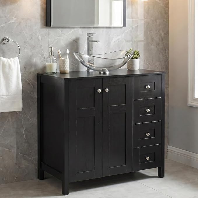 32'' Bathroom Vanity with Sink, Modern Bathroom Cabinet, Black | 2 Soft-Close Cabinet Doors, 4 Drawers, 2-Tier Inner Shelf, Freestanding Large Storage Cabinet, Clear Boat Glass Sink