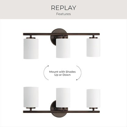 Progress Lighting Replay Collection 3 Light Bathroom Vanity Light, Modern Bath Lighting Fixture with Etched White Glass Shades for Over the Mirror, Reversible Mounting, Antique Bronze