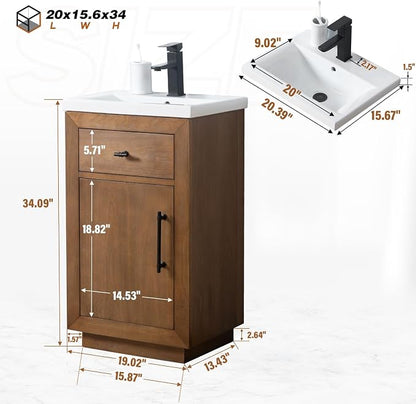 Vanity Art 20 inch Bathroom Vanity with Sink, Small Vanity Cabinet with Doors and Removable Shelf, Modern Wood Cabinet with Marble Top, Solid Wood Frame, Ceramic Sink, Tan VA7020