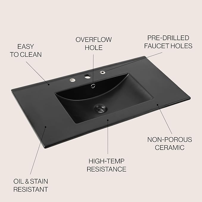 JONATHAN Y SNK1003B Ancillary 3-Hole 36 in. W x 18.25 in. D Classic Contemporary Rectangular Ceramic Single Sink Basin Vanity Top, Black