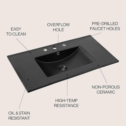 JONATHAN Y SNK1003B Ancillary 3-Hole 36 in. W x 18.25 in. D Classic Contemporary Rectangular Ceramic Single Sink Basin Vanity Top, Black