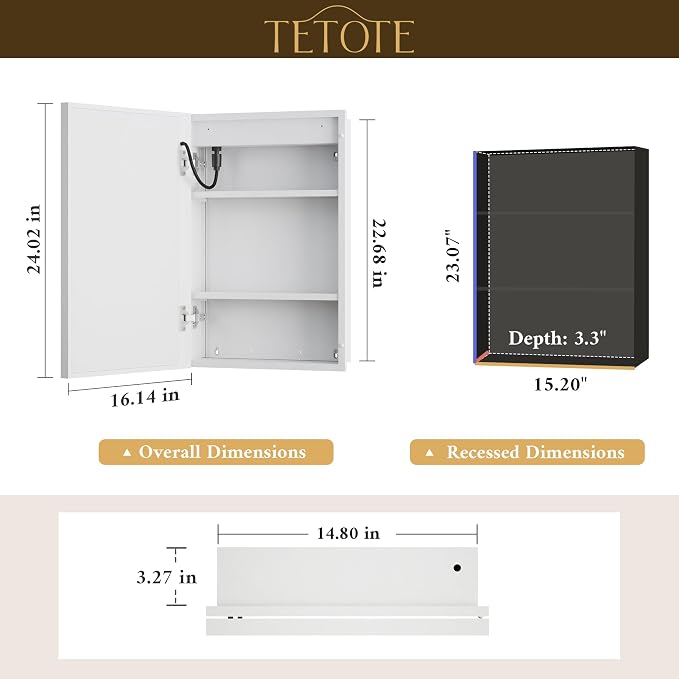 White Lighted Medicine Cabinet with Tempered Glass Mirror 16 x 24 White Metal Led Recessed Medicine Cabinet for Bathroom with Lights and Storage, 3 Color Dimming, Anti-Fog, 2 Outlets