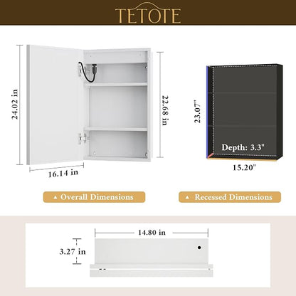 White Lighted Medicine Cabinet with Tempered Glass Mirror 16 x 24 White Metal Led Recessed Medicine Cabinet for Bathroom with Lights and Storage, 3 Color Dimming, Anti-Fog, 2 Outlets