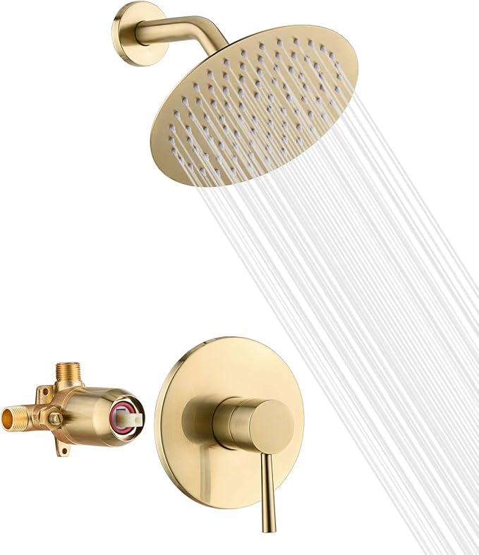 SUMERAIN Shower Faucet Set Brushed Gold Single Handle, 8 Inches | with Anti-scald Pressure Balance Valve, Extra-thin High Pressure Rain Shower Head, Non-return Check Valves