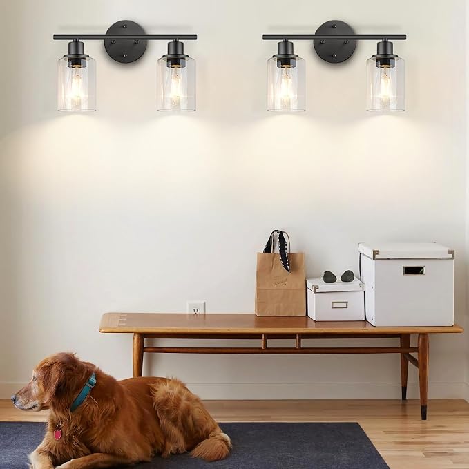 Bathroom Light Fixtures, 2 Light Black Vanity Light, Wall Sconces Lighting | Modern Bath Wall Mounted Lights with Glass Shade, Porch Wall Lamp for Mirror, Living Room, Bedroom, Hallway, Cabinet