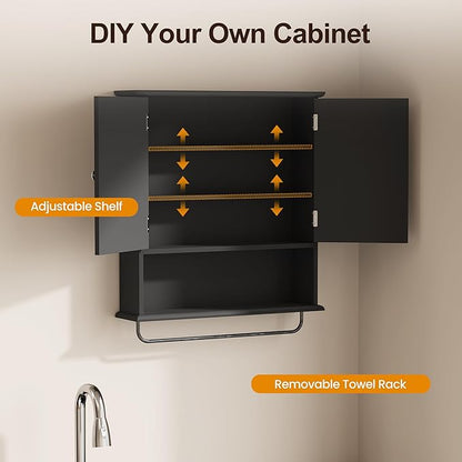 RoyalCraft Bathroom Medicine Cabinet Wall Mounted, Over the Toilet Storage Cabinet with Towel Rack and Adjustable Shelf, Large Bathroom Towel Cabinet Wall Mount 22x25 inch (Black)
