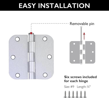 Design House Door Hinges for Interior Doors 6-Pack 3.5-inch x 3.5-inch – Rounded 5/8-inch Radius Steel Door Hinge – Brushed Chrome – Fits Standard Doors – Design House 189712
