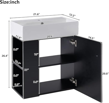 21.6 in Floating Bathroom Vanity with Sink,Soft Closing Doors,Solid Wood Frame & MDF Modern Single Small Black Bathroom Vanity Cabinet with Open Shelf,Wall Mounted