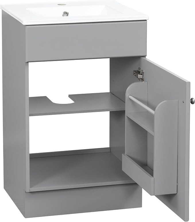 Christopher Knight Home Vanes Wood Frame 20" Bathroom Vanity with Ceramic Sink, Cabinet with Soft-Closing Door Shelf and Adjustable Shelf, Open Back, Metal Hardware, Storage/Organizer, Gray