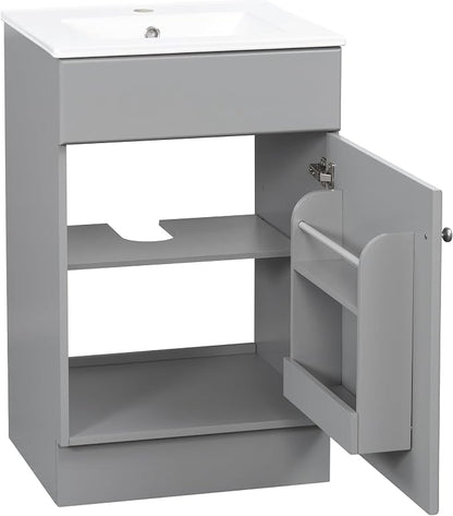 Christopher Knight Home Vanes Wood Frame 20" Bathroom Vanity with Ceramic Sink, Cabinet with Soft-Closing Door Shelf and Adjustable Shelf, Open Back, Metal Hardware, Storage/Organizer, Gray