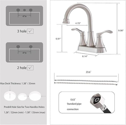 Lead-Free Antique 2 Handle Bathroom Sink Faucet, 360° Swivel High-Arc Spout 4-Inch Centerset Lavatory Vanity Faucets Set with Drain & Water Hoses, Brushed Nickel