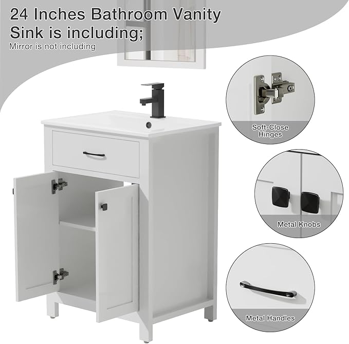 LUCKWIND 24" Bathroom Vanity with Sink Combo, Painted Modern Bathroom Storage Cabinet with Ceramic Sink, Two Doors, Include Faucet Without Mirror, White