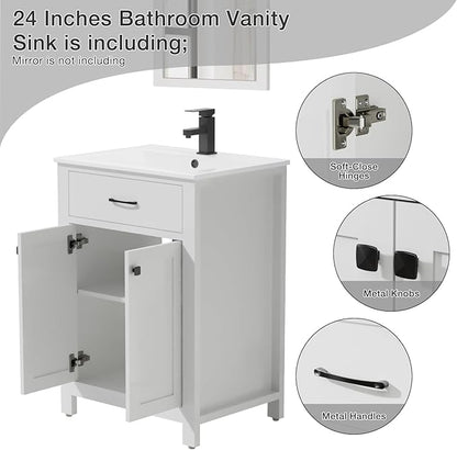 LUCKWIND 24" Bathroom Vanity with Sink Combo, Painted Modern Bathroom Storage Cabinet with Ceramic Sink, Two Doors, Include Faucet Without Mirror, White