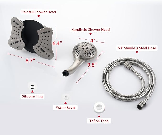 GRICH Shower Head with Handheld Spray - Dual High Pressure Showerhead | Rainfall Shower Heads Combo, Detachable Hand Shower, 9 Spray Settings, 60" Stainless Steel Shower Hose, 1.8GPM, Nickel