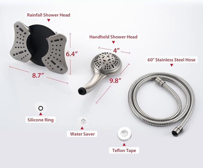 GRICH Shower Head with Handheld Spray - Dual High Pressure Showerhead | Rainfall Shower Heads Combo, Detachable Hand Shower, 9 Spray Settings, 60" Stainless Steel Shower Hose, 2.5GPM, Nickel