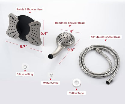 GRICH Shower Head with Handheld Spray - Dual High Pressure Showerhead | Rainfall Shower Heads Combo, Detachable Hand Shower, 9 Spray Settings, 60" Stainless Steel Shower Hose, 2.5GPM, Nickel