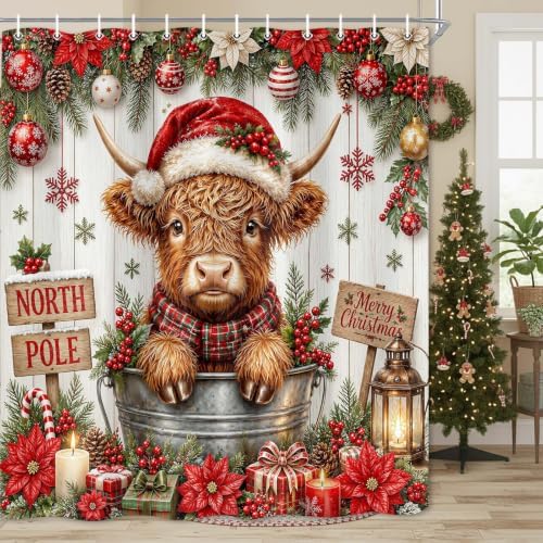 Christmas Highland Cow Shower Curtain Rustic Cute Holiday Bathroom Decor