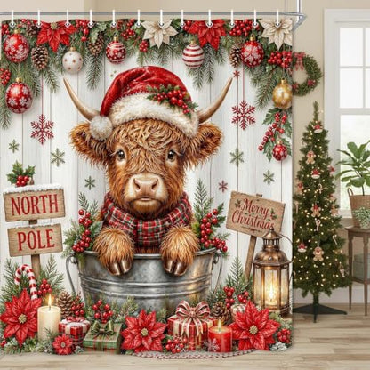 Christmas Highland Cow Shower Curtain Rustic Cute Holiday Bathroom Decor