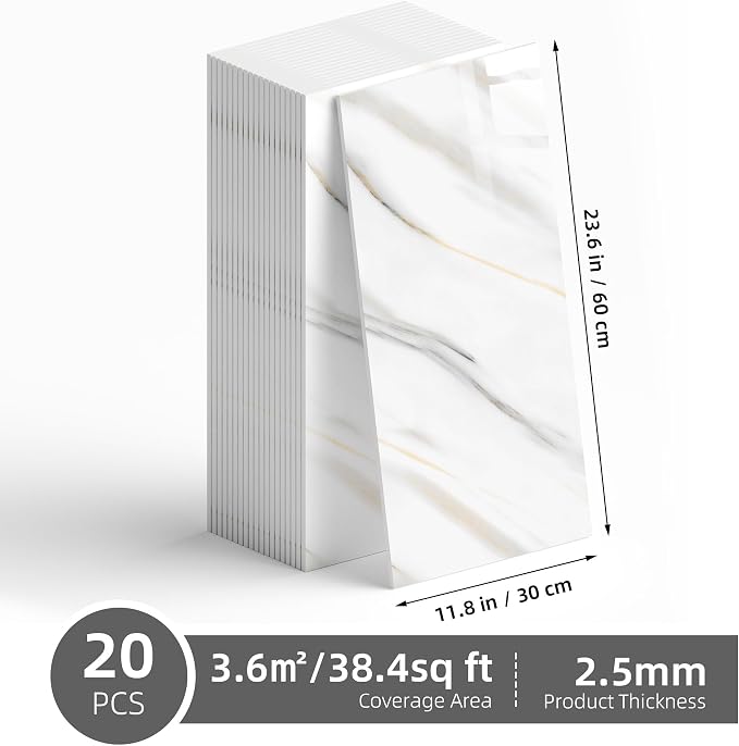 20 Pack 11.8"x23.6" Peel and Stick Backsplash Wall Panels, Self Adhesive Waterproof Back Splash Marble Tiles for Kitchen Bathroom, TV Walls, Living Room Grey White (Not Real Tiles)