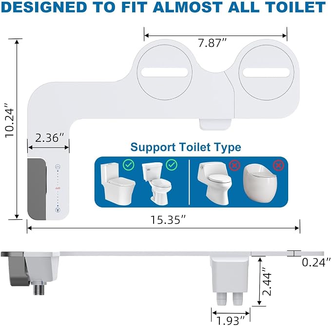 Bidet Attachment for Toilet, Non-Electric Dual Nozzle Bidet Sprayer with Adjustable Water Pressure, Cold Water Toilet Seat Attachment for Feminine and Personal Hygiene