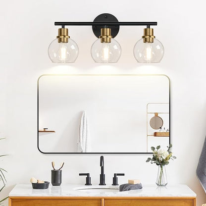 3-Light Bathroom Light Fixtures, Black and Gold Bathroom Lights Over Mirror with Clear Glass Globe Shade, Vanity Lights for Bathroom Kitchen Living Room Hallway Cabinet Bedroom Porch
