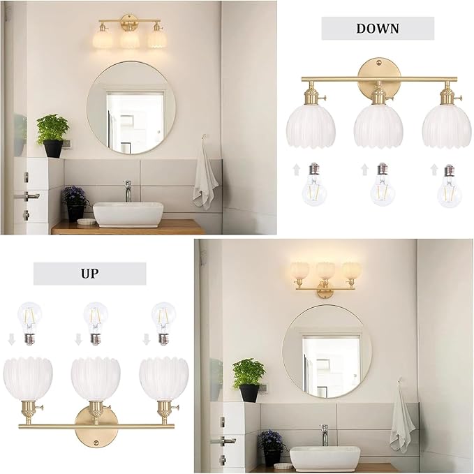 Bathroom Light Fixtures, 3-Light Brass Vanity wall Light Over Mirror with White Tulip Glass Shade for Bedroom Living Room (Bulb Not Included)