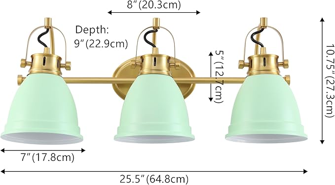 JONATHAN Y 25.5" Mint Green/Brass Gold 3-Light LED Vanity Light, Adjustable Wall Sconce for Bathroom Mirror, Farmhouse Bohemian Kitchen Light, Iron Black Bell Shade (JYL1116D)