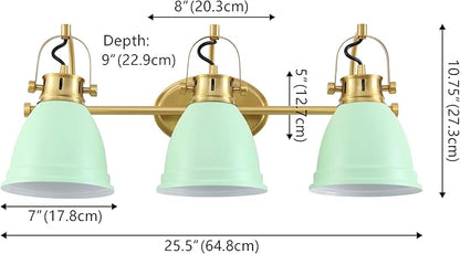 JONATHAN Y 25.5" Mint Green/Brass Gold 3-Light LED Vanity Light, Adjustable Wall Sconce for Bathroom Mirror, Farmhouse Bohemian Kitchen Light, Iron Black Bell Shade (JYL1116D)