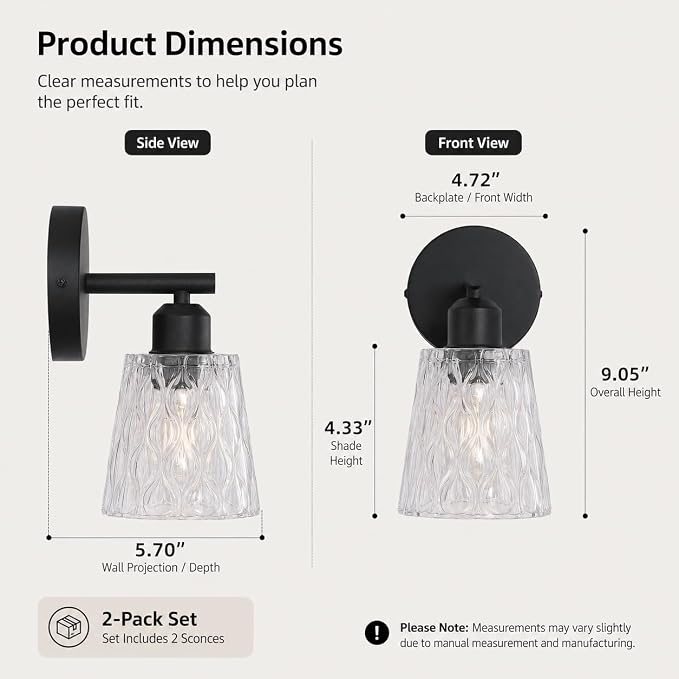 1-Light Black Bathroom Vanity Wall Sconces, 2-Pack Modern Fixtures with Textured Glass Shades and Stainless Steel Frame, E26 Sockets (Bulbs Not Included)
