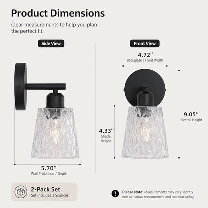 1-Light Black Bathroom Vanity Wall Sconces, 2-Pack Modern Fixtures with Textured Glass Shades and Stainless Steel Frame, E26 Sockets (Bulbs Not Included)