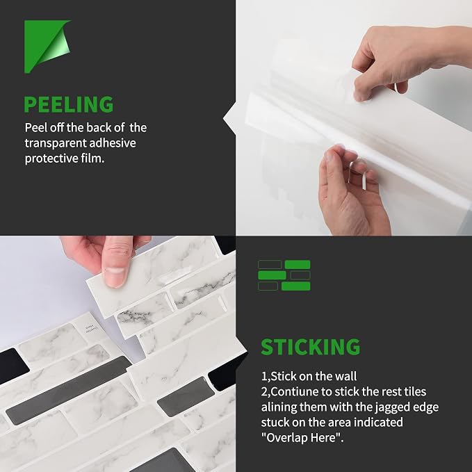 LONGKING 10-Sheet Peel and Stick Tile Backsplash, Vinyl Self-Adhesive Tile Stickers for Kitchen, Bathroom, White Marble | Peel and stick backsplash, vinyl PVC, marble, waterproof, kitchen bathroom wall, 10-sheet, set B