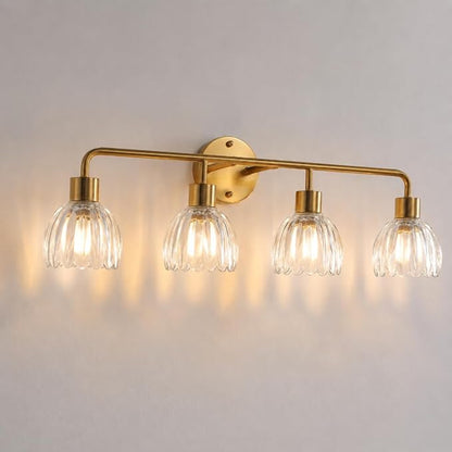 4-Light Gold Brass Bathroom Light Fixture with Clear Tulip Glass Shade,Wall Sconces,Vintage Vanlity Light Over Mirror,Bathroom Wall Light,E26 Socket(Bulbs Not Included) ASIN B0FVG