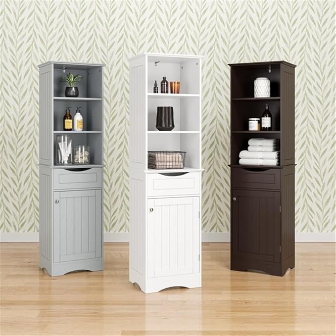 RiverRidge, White Ashland Bathroom Freestanding Storage Cabinet with Three Open Shelves and Drawer