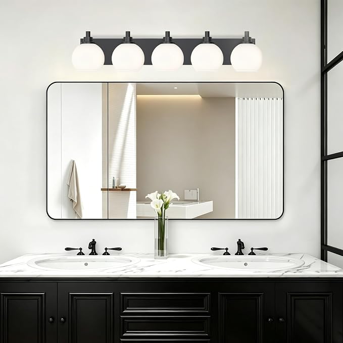 IZORRO Bathroom Light Fixtures, 5-Light Matte Black Vanity Light, Modern Wall Sconces with Globe Milk White Glass Shade, Vanity Lighting Fixtures Over Mirror,E26 Bulb Socket