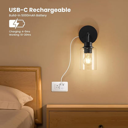 Epinl Battery Operated Black Wall Sconce Set of 2, Wireless Rechargeable Wall Lights with Remote Control, Modern Dimmable Wall Mount Lamps for Bedroom Living Room Bathroom, 3000K
