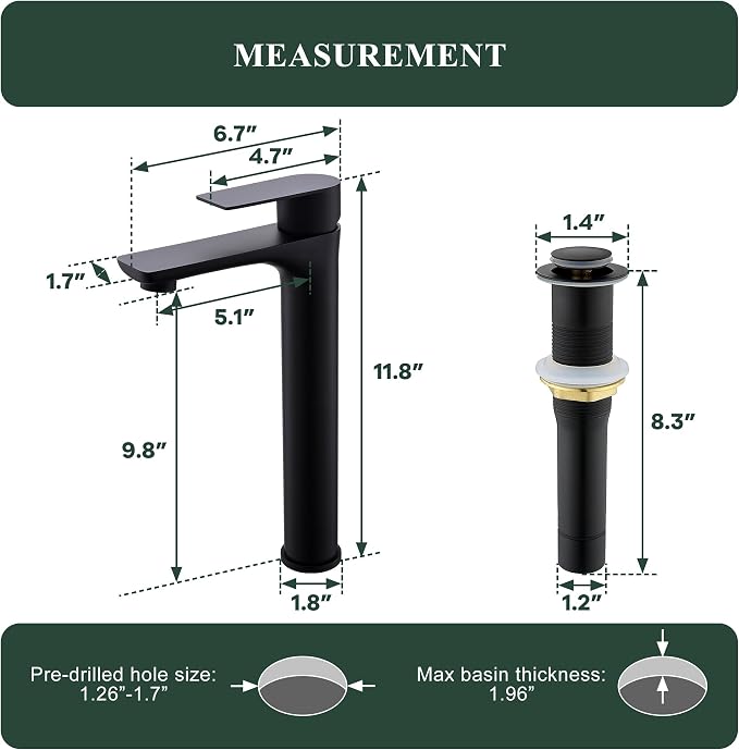 TONNY Single Handle Black Bathroom Sink Faucet | Tall Vanity Faucet with Deck Plate for 1 or 3 Holes, Stainless Steel, with Pop Up Drain for Vessel Sink Laundry Lavatory RV