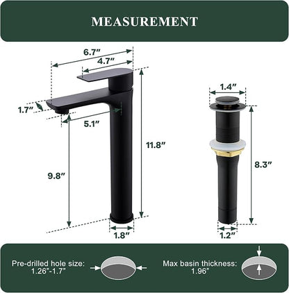 TONNY Single Handle Black Bathroom Sink Faucet | Tall Vanity Faucet with Deck Plate for 1 or 3 Holes, Stainless Steel, with Pop Up Drain for Vessel Sink Laundry Lavatory RV