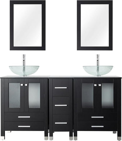LUCKWIND 60" Double 24" Bathroom Vanity with Sink Combo, Elegant Series with One 12.6-in Side Cabinet, Painted Frame, Including Transparent Round Sinks, Faucets Without Mirrors, Black