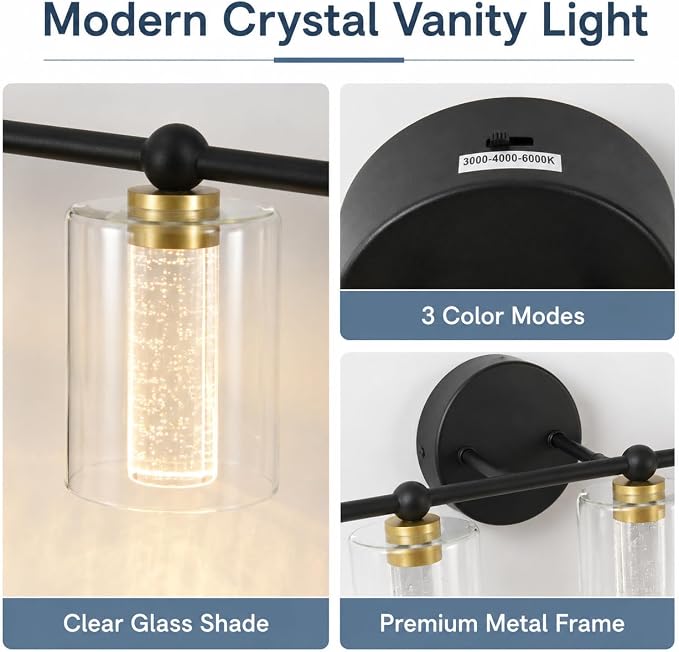 Black and Gold Vanity Light with 3 Color Modes, Eye Protection LED Bathroom Light Fixtures, Dimmable Modern Wall Light Over Mirror with Clear Glass Shade (Black & Gold, 6-Light)