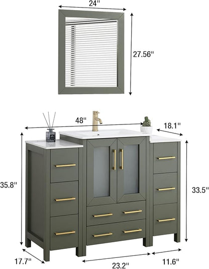 HOMEBEYOND 48 Inch Modern Bathroom Vanity with Sink & Mirror, Single Vanity Cabinet with Basin and Mirror, Dove-Tailed Drawers, Soft-Closing Doors, Wood, Vintage Green