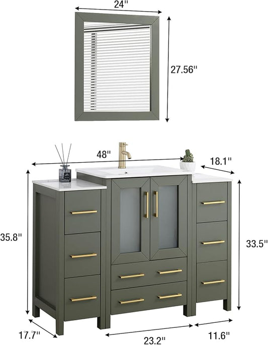 HOMEBEYOND 48 Inch Modern Bathroom Vanity with Sink & Mirror, Single Vanity Cabinet with Basin and Mirror, Dove-Tailed Drawers, Soft-Closing Doors, Wood, Vintage Green