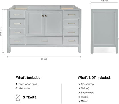 ARIEL Cambridge 60-inch Bathroom Vanity Base Cabinet,Solid Wood, 2 Soft Closing Doors, 9 Dovetail Drawers, Grey