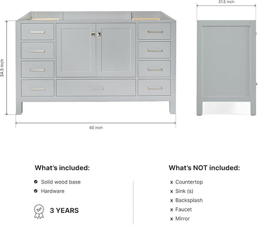 ARIEL Cambridge 60-inch Bathroom Vanity Base Cabinet,Solid Wood, 2 Soft Closing Doors, 9 Dovetail Drawers, Grey