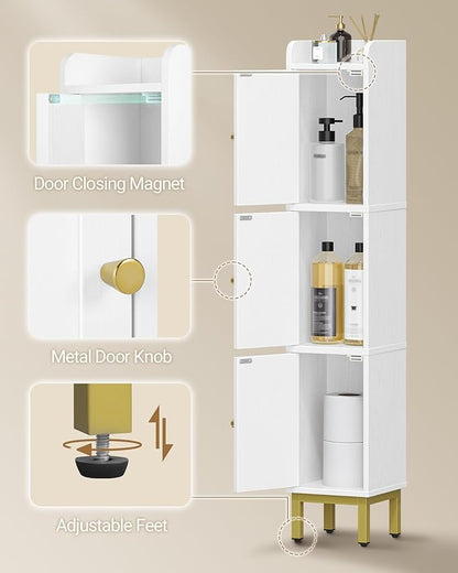 Slim Bathroom Storage Cabinet, Narrow Bathroom Organizers and Storage with 4 Adjustable Feet, Laundry Room Organization for Small Space, Kitchen, Living Room, 3 Doors White BC22313G