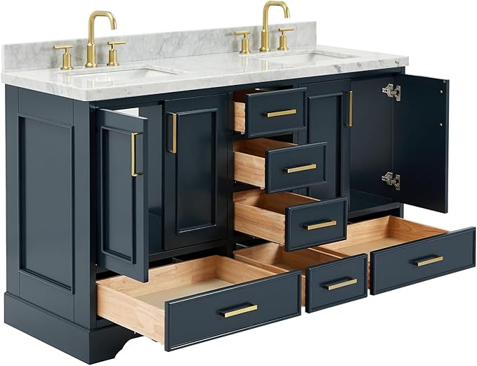 ARIEL Stafford 60-inch Bathroom Vanity with Sink,Solid Wood, 1.5-inch Italian Carrara Marble Countertop, Double Rectangular Porcelain Sink, 4 Soft Closing Doors, 6 Dovetail Drawers, Midnight Blue