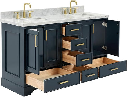 ARIEL Stafford 60-inch Bathroom Vanity with Sink,Solid Wood, 1.5-inch Italian Carrara Marble Countertop, Double Rectangular Porcelain Sink, 4 Soft Closing Doors, 6 Dovetail Drawers, Midnight Blue